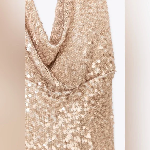 Zara NWT light pink & beige sequin halter top cowl neck formal maxi dress - Picture 10 of 15